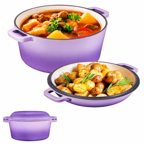 Bruntmor 5 Qt Purple 2-in-1 Cast Iron Dutch Oven & Skillet Set, 5