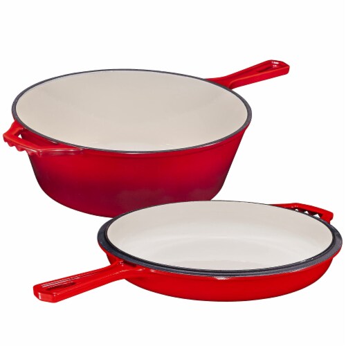 Bruntmor 5 Qt Red 2-in-1 Cast Iron Skillet & Lid, Enameled, Non-Stick Perspective: front