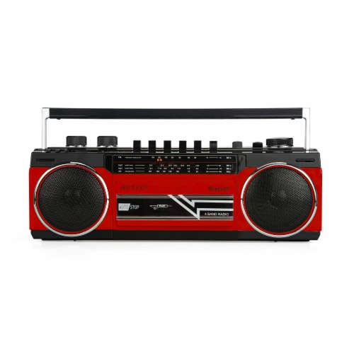Riptunes Cassette Bluetooth Boombox, AM/FM/ SW-1-SW2, USB, SD, and AUX-in- Red Perspective: front