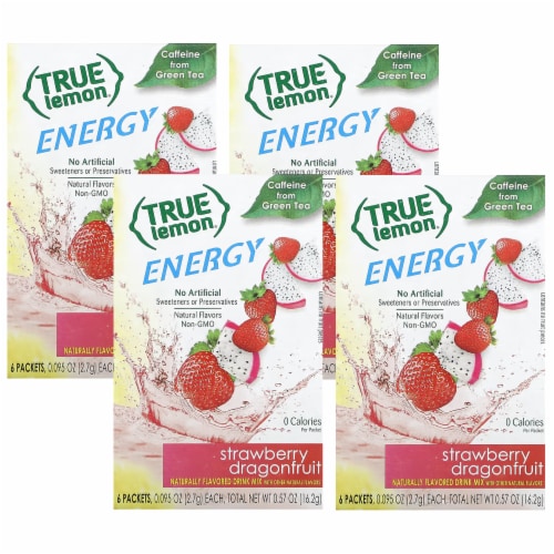 True Lemon Energy Strawberry Dragonfruit Flavored Drink Mix Packets Perspective: front
