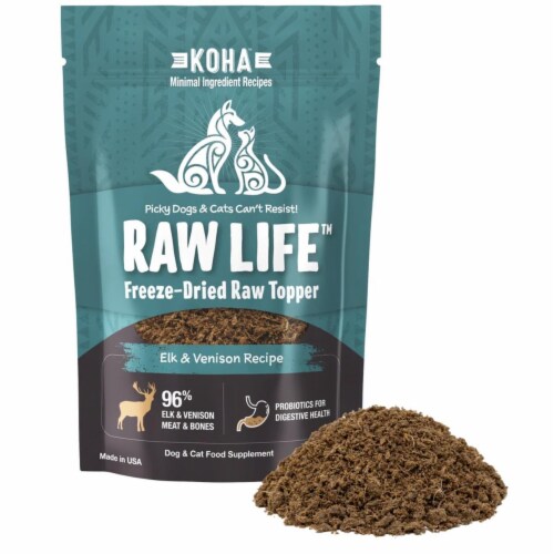 Koha 811048023247 Grain Free Raw Freeze Dried Topper Elk Dog & Cat Food - 8 oz Perspective: front