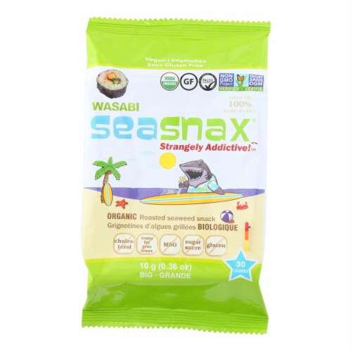 SeaSnax Wasabi Flavor Organic Roasted Seaweed Snack Perspective: front