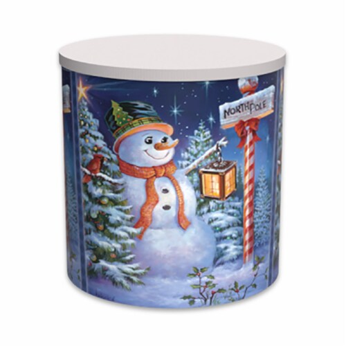 Hickory Farms® Holiday Popcorn North Pole Snowman Tin Perspective: front