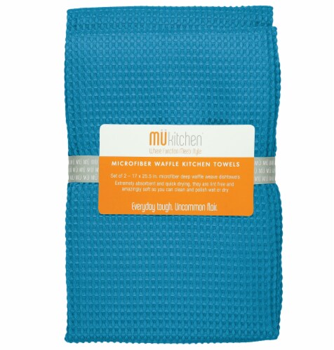 MUkitchen Microfiber Waffle Dishtowel, 17 by 25-1/2 Inches, Set of 2, Sea Blue Perspective: front