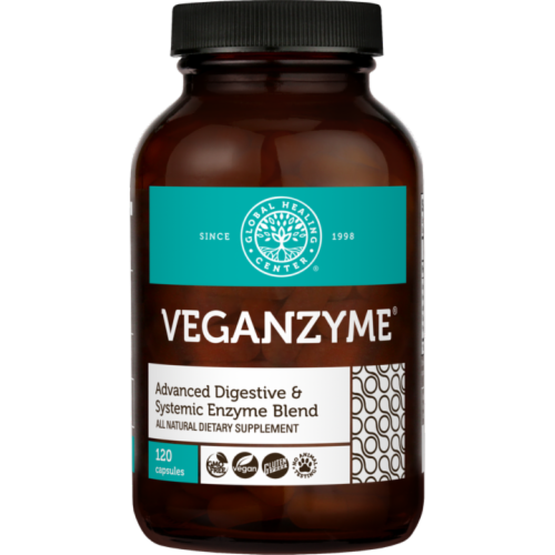 Global Healing VeganZyme Digestive Enzyme Blend Dietary Supplement Capsules Perspective: front