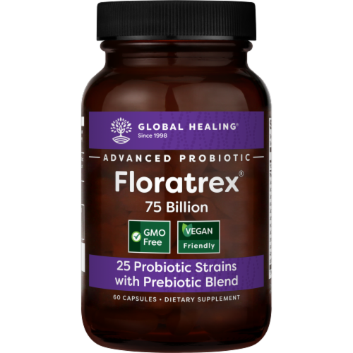 Global Healing Vegan GMO Free Floratrex Probiotic & Prebiotic Dietary Supplement Perspective: front