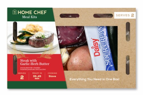 Home Chef Meal Kit Steak With Garlic-Herb Butter And Buttermilk-Cheddar Mashed Potatoes & Zucchini Perspective: front