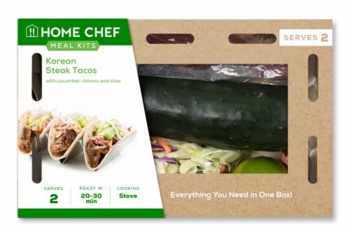 Home Chef Meal Kit Korean-Style Steak Tacos With Cucumber Ribbons And Slaw Perspective: front