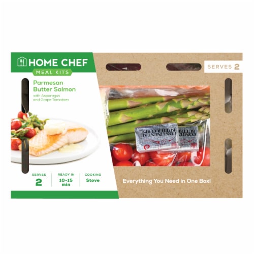 Home Chef Meal Kit Parmesan Butter Salmon with Asparagus and Grape Tomatoes Perspective: front