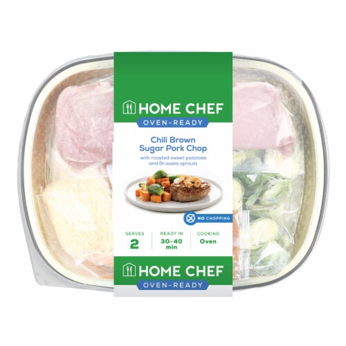 Home Chef Oven-Ready Chili Brown Sugar Pork Chop with Roasted Sweet Potatoes and Brussels Sprouts Perspective: front