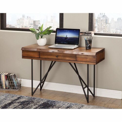 Alpine Furniture Live Edge 1 Drawer Wood Writing Desk in Light Walnut (Brown) Perspective: front