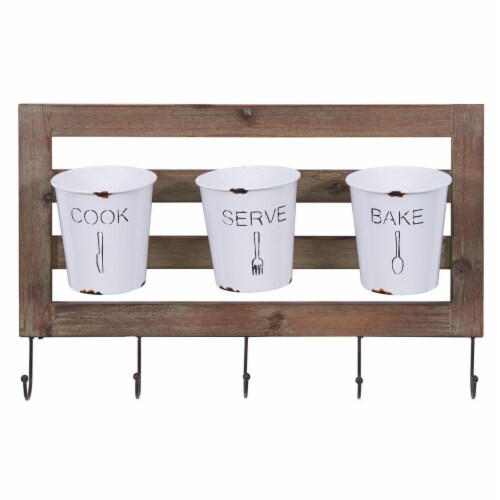 Rustic Hanging Utensil Caddy with Hooks & Removable Tin Buckets Perspective: front