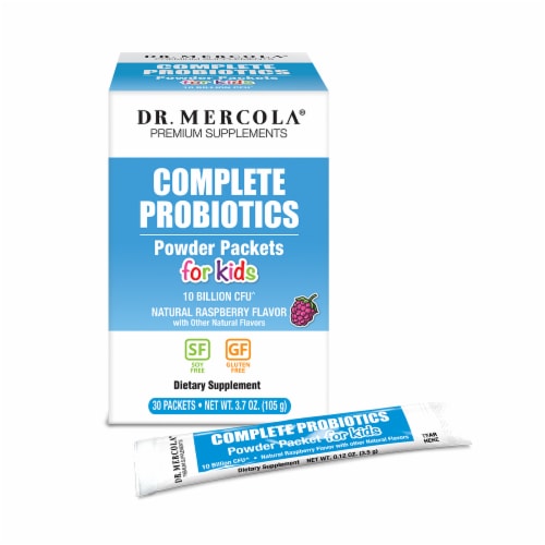 Mercola Natural Raspberry Flavored Complete Probiotics Powder Packets for Kids Perspective: front