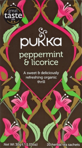 Pukka Peppermint & Licorice Herbal Tea Sachets Perspective: front