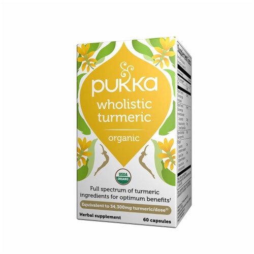 Pukka Whoilistic Turmeric Organic Herbal Supplement Capsules Perspective: front