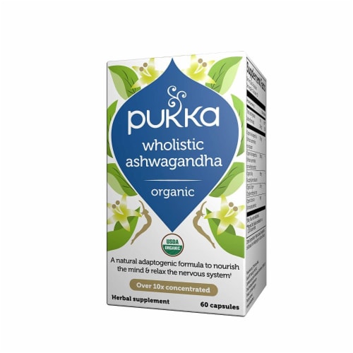 Pukka Wholistic Ashwagandha Organic Herbal Supplement Capsules Perspective: front