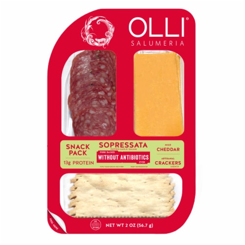 Olli® Salumeria Sopressata Salami with Mild Cheddar & Artisanal Crackers Snack Pack Perspective: front