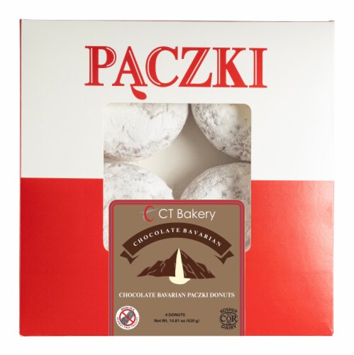CT Bakery Yeast Powdered Sugar Chocolate Bavarian Cream Filled Donuts Perspective: front
