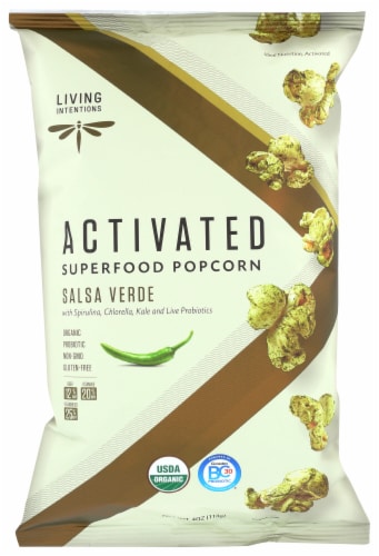 Living Intentions Activated Salsa Verde Superfood Popcorn Perspective: front