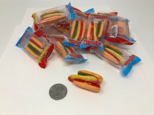 Gummi Mini Hot Dog Candy Wrapped 2 pounds Gummy Mini Hotdogs Perspective: front