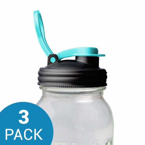 reCAP® Mason Jars Lid POUR cap | Regular Mouth | Black/Aqua | Set of 3 Perspective: front