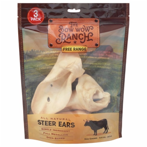The Bow Wow Ranch Free Range All Natrual Steer Ears Dog Chews Perspective: front