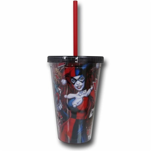 Silver Buffalo 16 oz Harley Quinn Cold Cup with Reusable Ice Cubes Perspective: front
