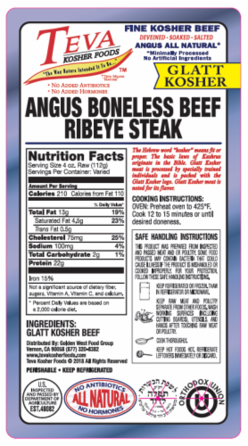 Teva Kosher Foods Angus Boneless Beef Ribeye Steak Perspective: front