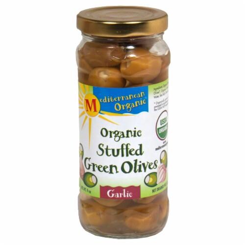 Mediterranean Organic Garlic Stuffed Green Olives Perspective: front