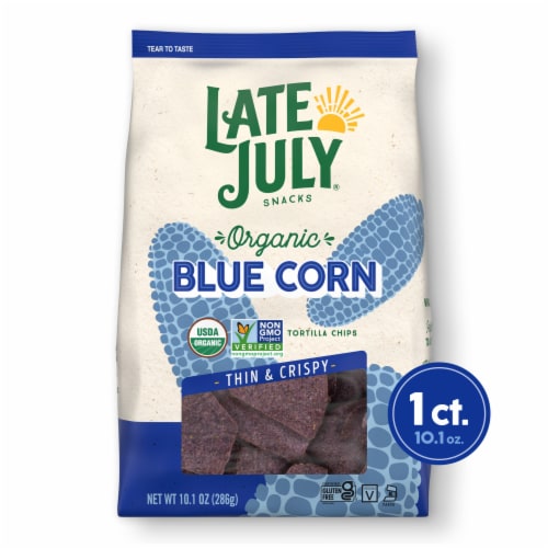 Late July Thin and Crispy Organic Blue Corn Tortilla Chips Perspective: front