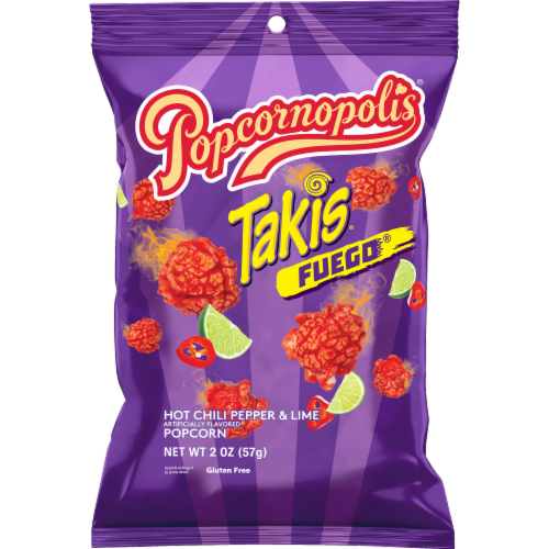 Popcornopolis® Fuego® Takis® Hot Chili Pepper & Lime Flavored Extreme Savory Popcorn Perspective: front