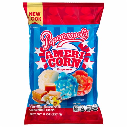 Popcornopolis Americorn Vanilla and Caramel Flavored Popcorn Perspective: front
