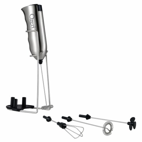 Ozeri Deluxe Milk Frother & Whisk in Stainless Steel, with Stand and 4 Frothing Attachments Perspective: front