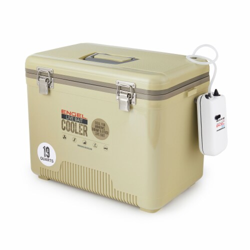 ENGEL 19 Quart Insulated Fishing Live Bait Dry Box Cooler with Water Pump, Tan Perspective: front
