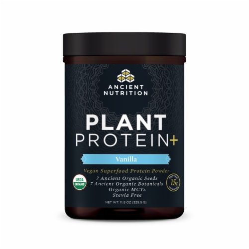 Ancient Nutrition Plant Protein+ Vanilla Vegan Superfood Protein Powder Perspective: front
