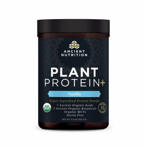 Ancient Nutrition Plant Protein+ Vanilla Vegan Superfood Protein Powder Perspective: front