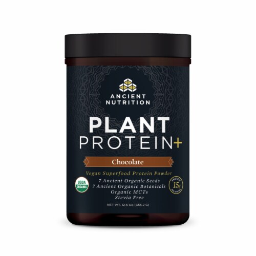 Ancient Nutrition Plant Protein+ Chocolate Vegan Superfood Protein Powder Perspective: front