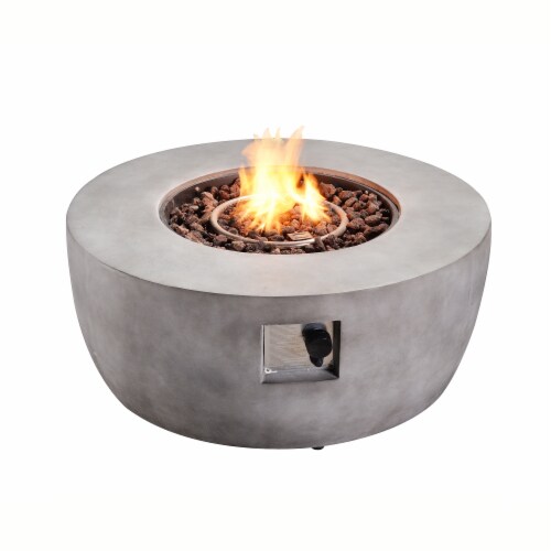 Teamson Home Outdoor Round Concrete Base Propane Gas Fire Pit for Garden Patio Decor, Gray Perspective: front