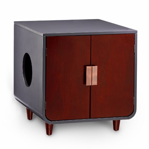 Teamson Pets Decorative Dyad Wooden Cat Litter Box Cabinet & Side Table, Pet Furniture, Brown Perspective: front