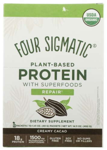 Four Sigmatic Plant-Based Protein with Superfoods Repair Creamy Cacao Dietary Supplement Packets Perspective: front