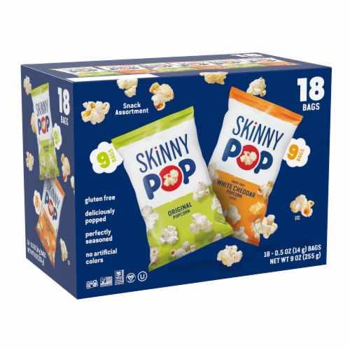 SkinnyPop Popcorn, Original and Dairy Free White Cheddar, 0.5oz Snack Size Bags (18 Count) Perspective: front