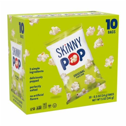 SkinnyPop Gluten-Free Original Popcorn, 0.5 oz Snack-Size Bags, 10 Count Perspective: front