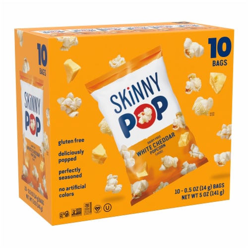 SkinnyPop Dairy-Free White Cheddar Popcorn, 0.5 oz Snack-Size Bags, 10 Count Perspective: front