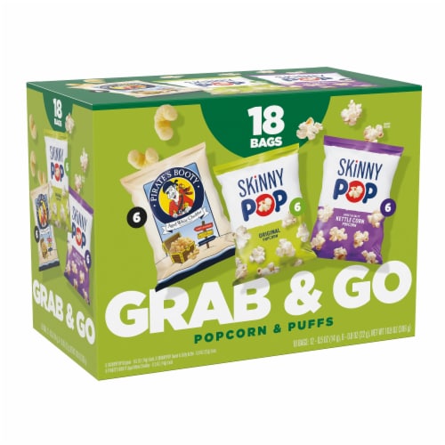 SkinnyPop Popcorn and Pirate's Booty, Popcorn & Puffs Variety Pack, Snack Sized Bags, Perspective: front