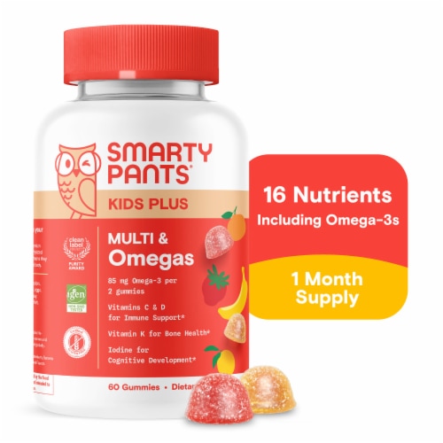 SmartyPants Kids Plus Multvitamin & Omega 3 Gummies Supplement with Vitamins C, D3, B12, Zinc Perspective: front