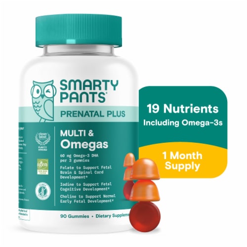 SmartyPants Prenatal Plus Multivitamin & Omega 3 Gummies, Methylfolate, Vitamins D3, B12, Zinc Perspective: front