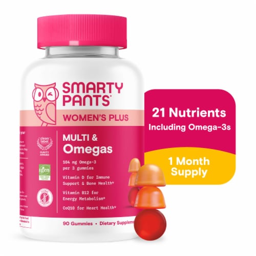 SmartyPants Women's Plus Multivitamin & Omegas Gummies with Vitamins C, D3, B12 & Zinc Perspective: front