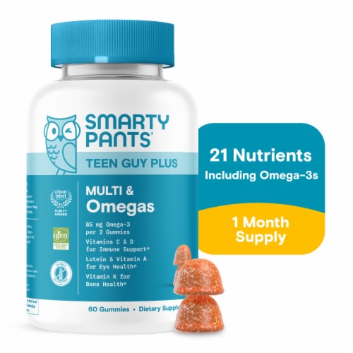 SmartyPants Teen Guy Plus Multivitamin & Omegas Gummies with Vitamins C, D3, B12 & Zinc Perspective: front