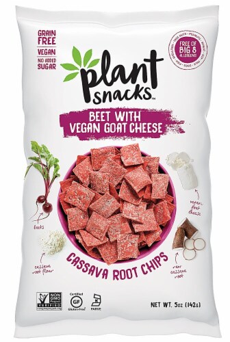 Plant Snacks Beet with Vegan Goat Cheese Cassava Root Chips Perspective: front