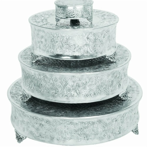 Benzara BM00213 Aluminum Cake Stand for Stylish Host, Polished Silver & Gray - Set of 4 Perspective: front
